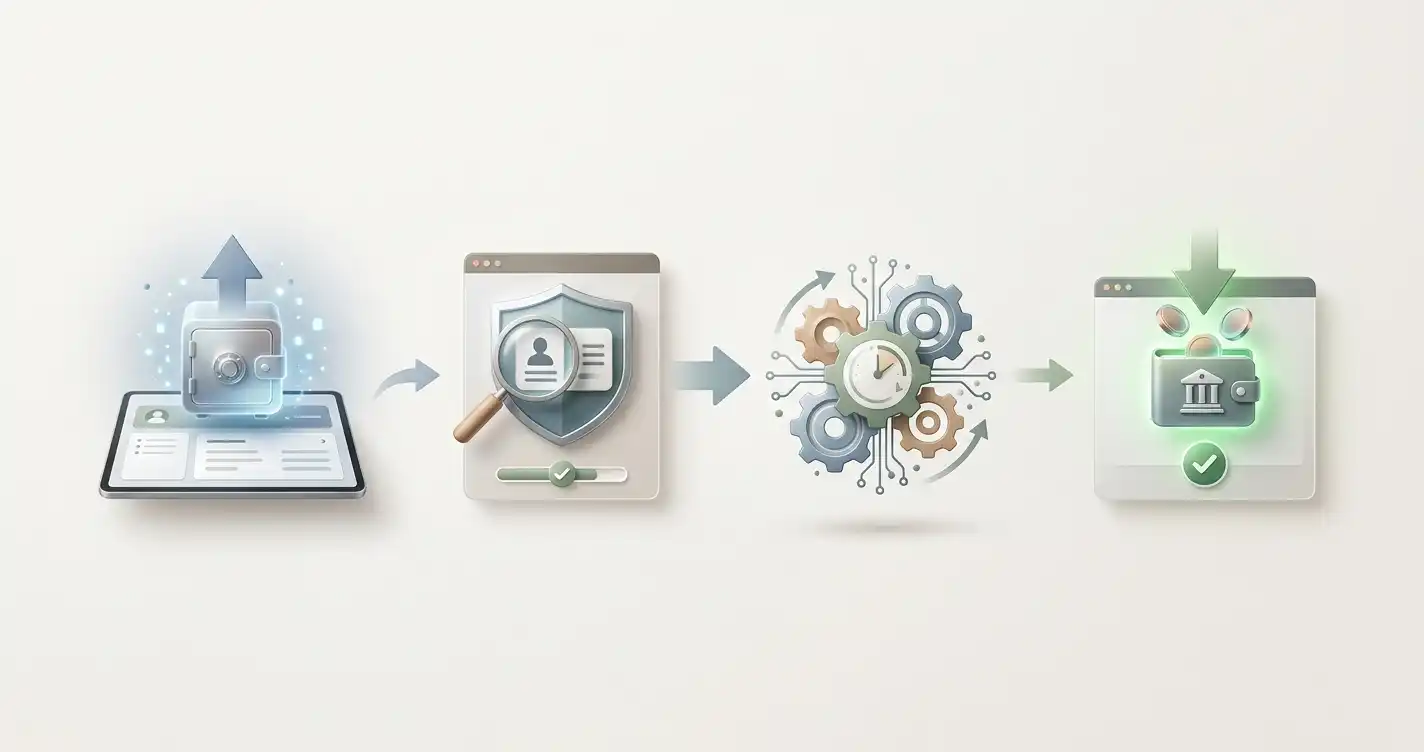 Illustration af en udbetalingsproces fra anmodning gennem verifikation til behandling og udbetaling