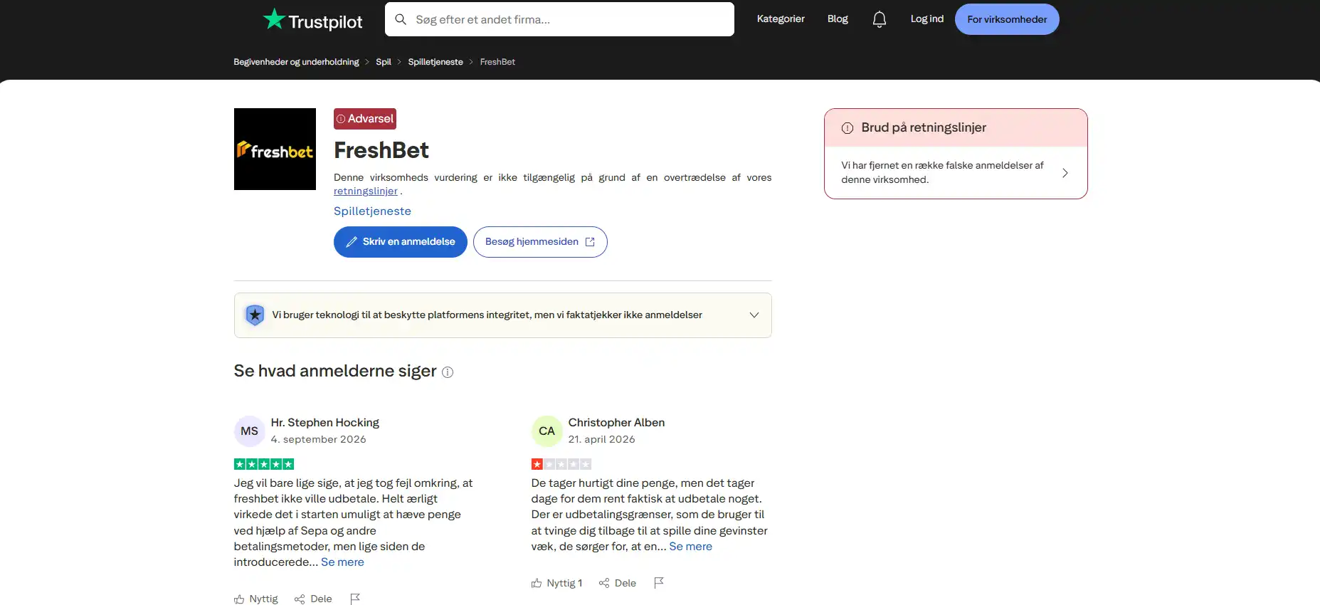 Freshbet anmeldelse – drift, brugeroplevelser og dokumenterede signaler