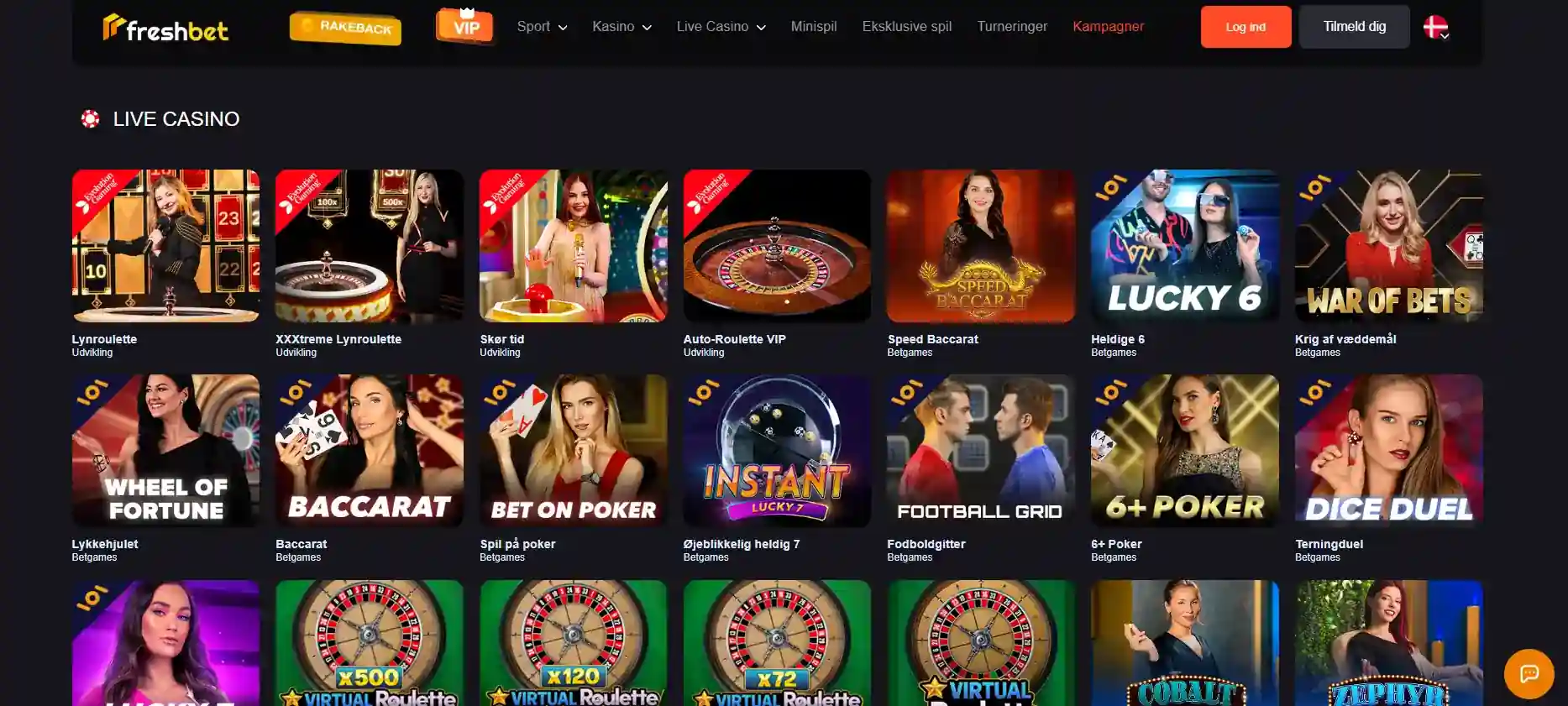 Visning af Freshbets aktuelle live-casino-lobby