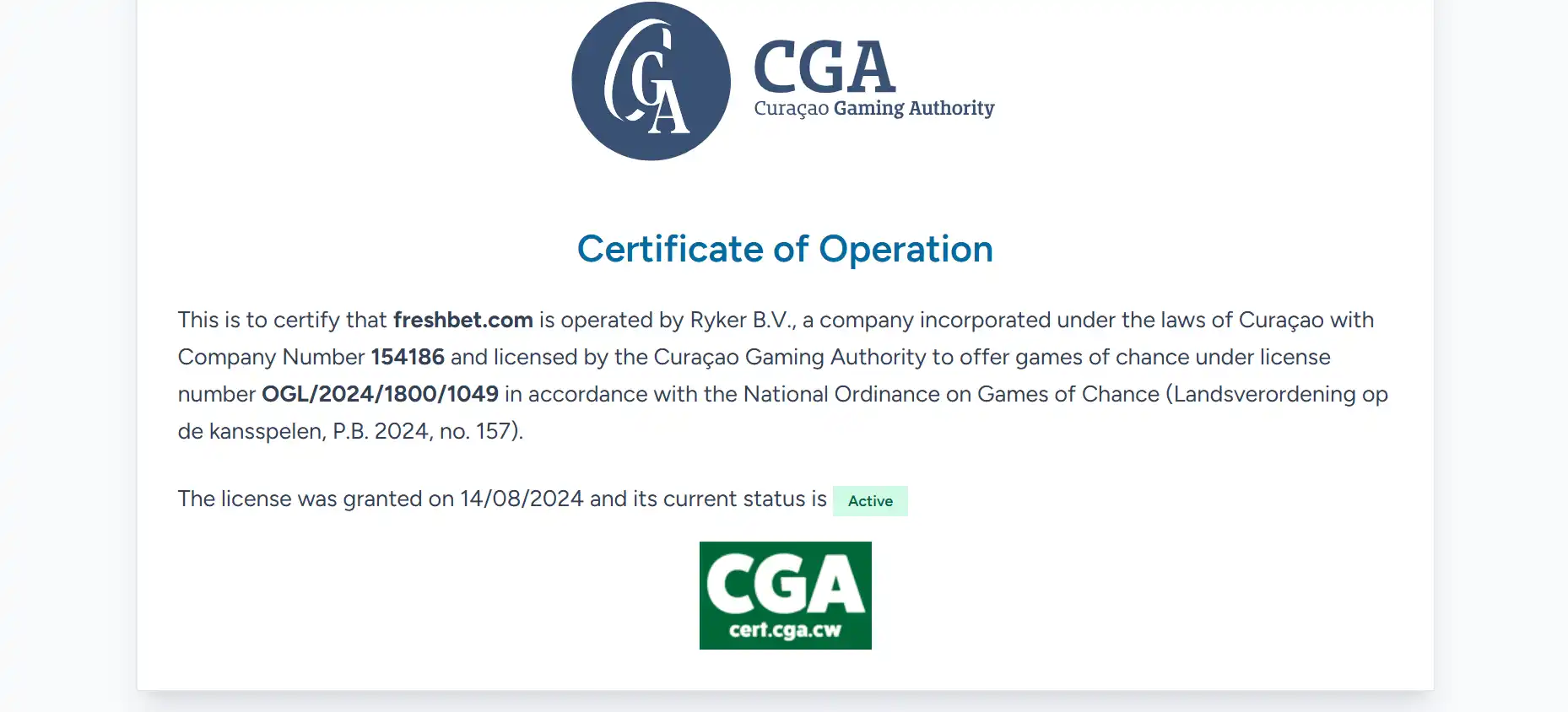 Visning af Curaçao Gaming Authority certifikat for Ryker B.V. og Freshbet